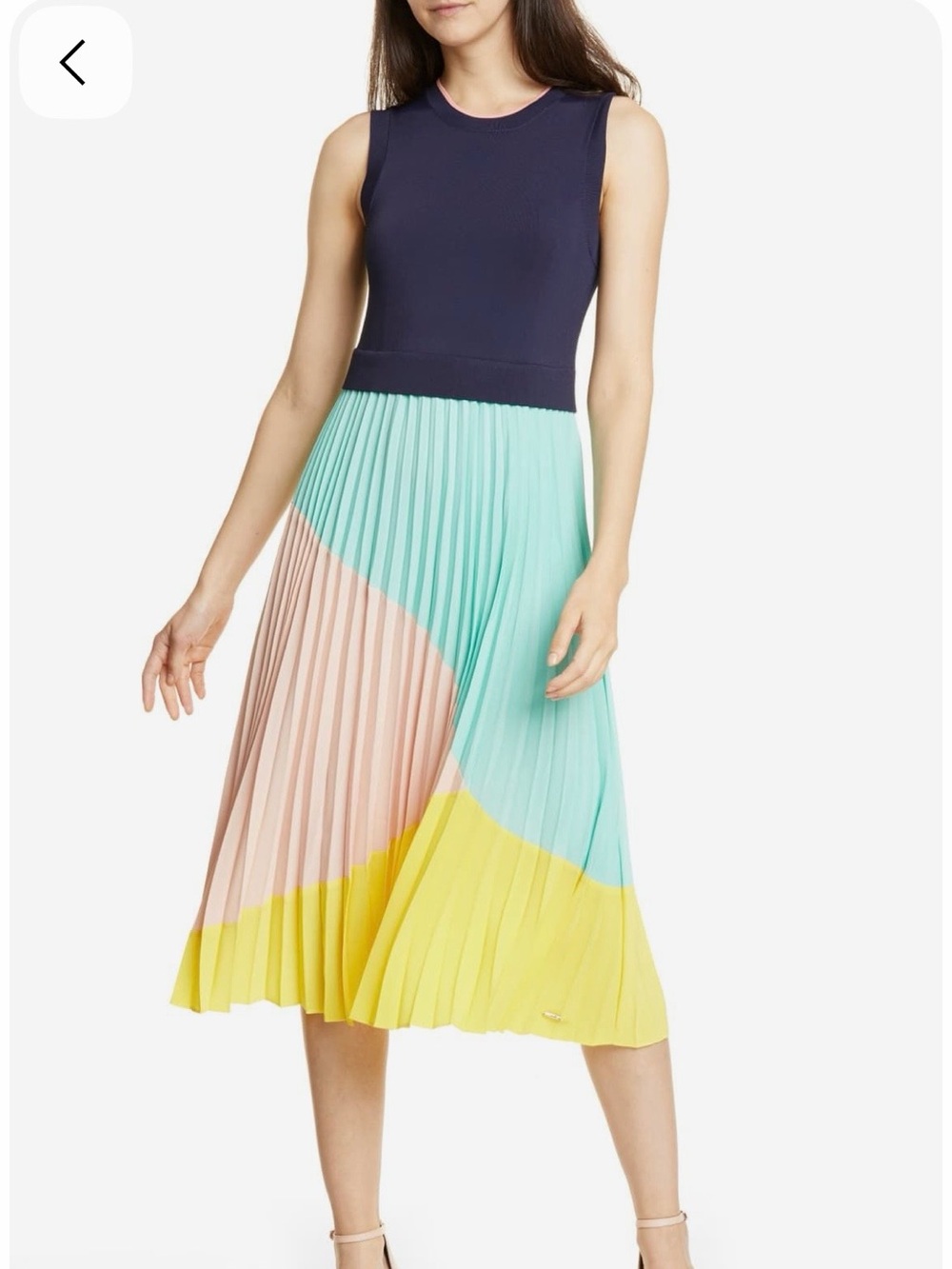 Ted Baker Pleated Colorblock Midi dress  in Navy, Mint, Blush & Yellow
